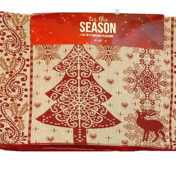 Holiday Christmas Tapestry Placemats Set Of 4 Red Beige Holiday